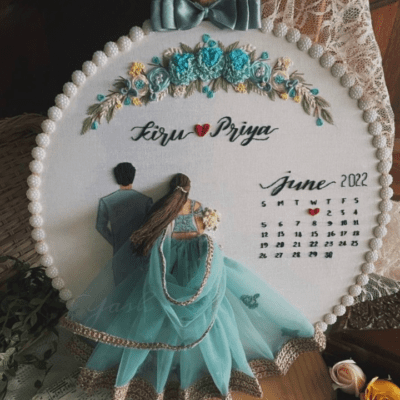 Cyan Dress Back-Facing Wedding Embroidery Handmade Gift