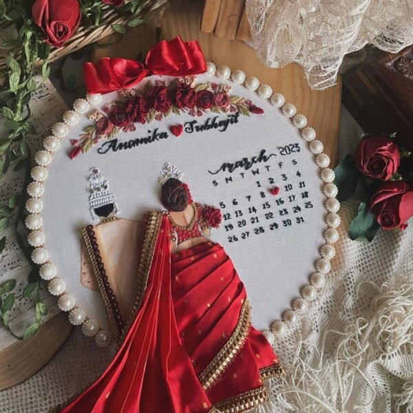 Bright Maroon Saree Back-Facing Wedding Embroidery Handmade Gift