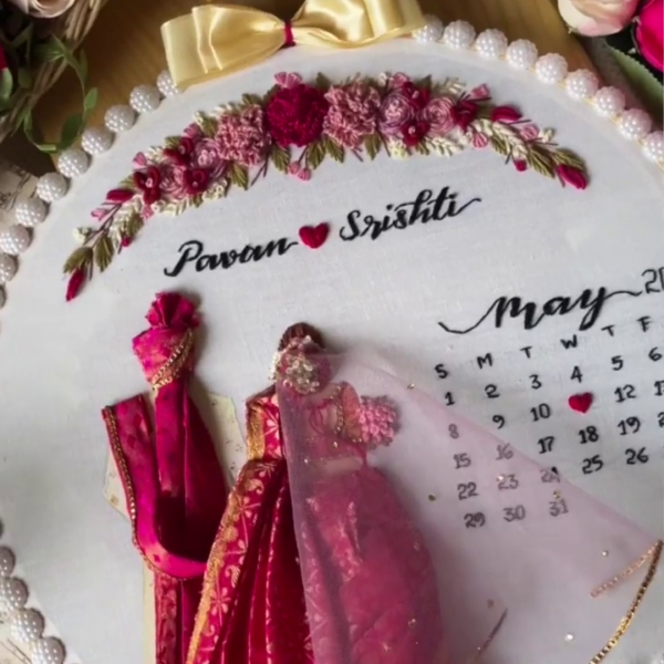 Pink Saree Back-Facing Wedding Embroidery Handmade Gift