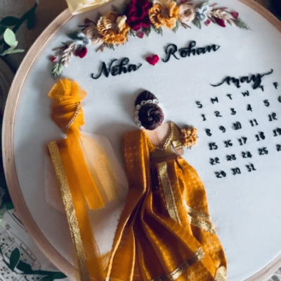 Yellow Saree Back-Facing Wedding Embroidery Handmade Gift