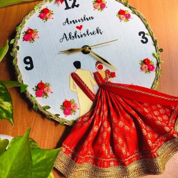 Personalized Wall Clock with Couple in Red Lehenga Embroidery Design and Custom Names