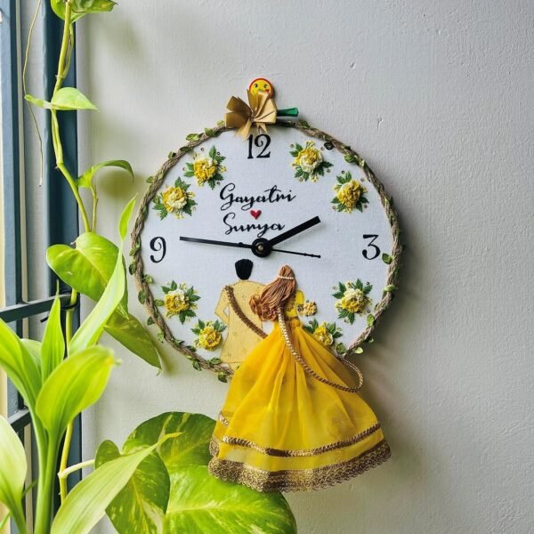 Personalized Wall Clock with Couple in Yellow Lehenga Embroidery Design and Custom Names